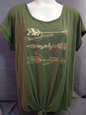 Women’s Olive Green Short-Sleeve Tee with Gold Arrow Graphic and Front Tie